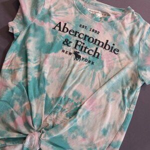 Y2K Abercrombie Kids Girls' Tie-Dye Knot-Front T-Shirt (Size 9/10, Teal & Pink)